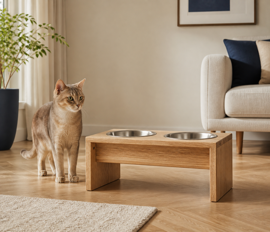 Feliformia raised wooden cat feeding station